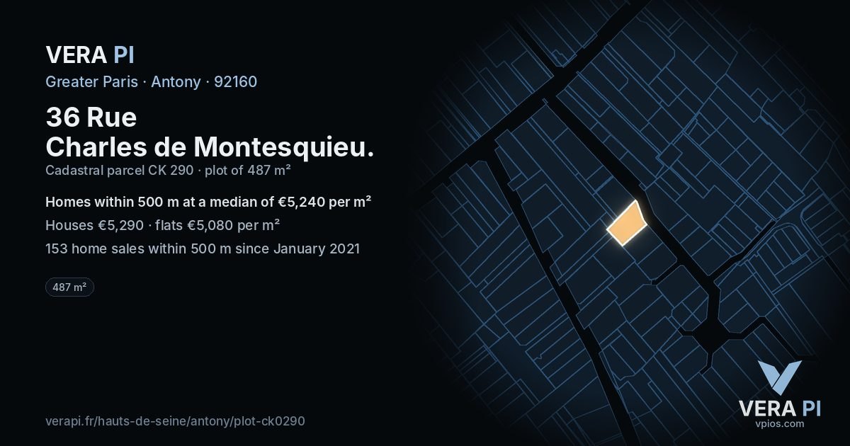36 Rue Charles de Montesquieu, Antony at night – the plot lit, the parcels around coloured by the prices near them