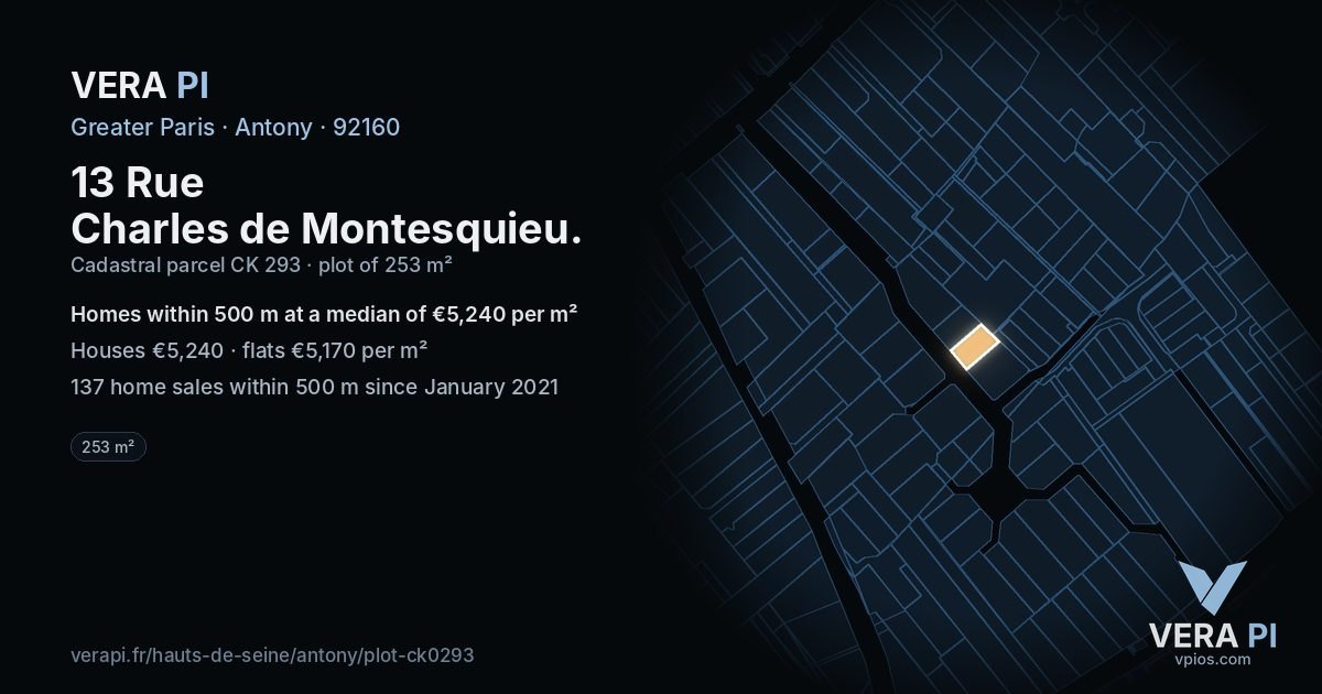 13 Rue Charles de Montesquieu, Antony at night – the plot lit, the parcels around coloured by the prices near them
