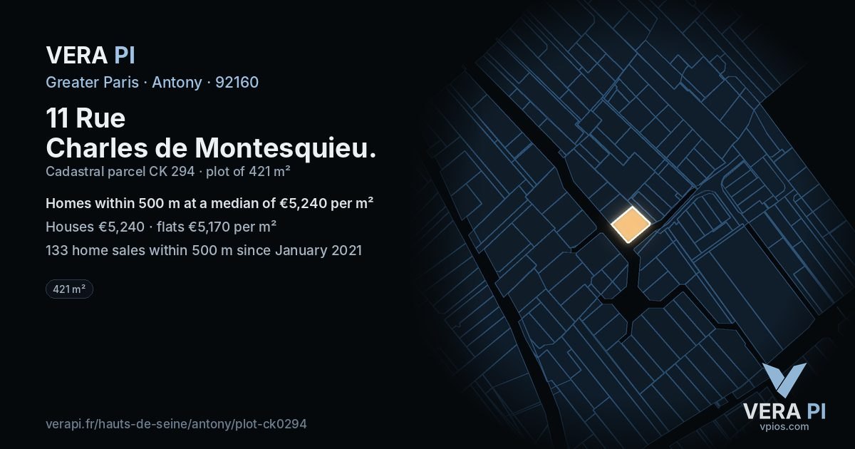 11 Rue Charles de Montesquieu, Antony at night – the plot lit, the parcels around coloured by the prices near them
