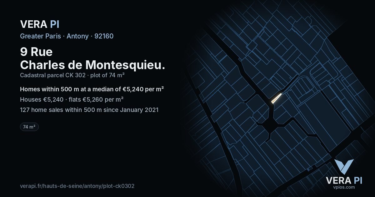 9 Rue Charles de Montesquieu, Antony at night – the plot lit, the parcels around coloured by the prices near them