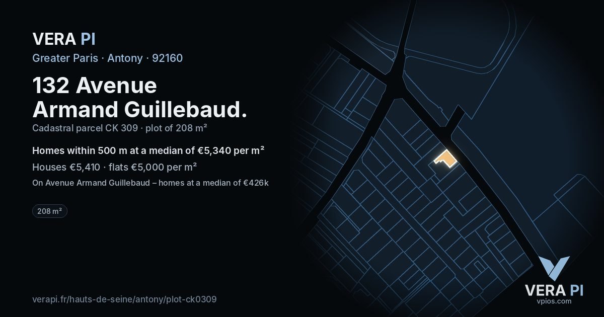 132 Avenue Armand Guillebaud, Antony at night – the plot lit, the parcels around coloured by the prices near them