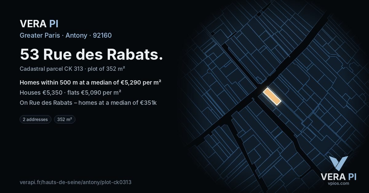 53 Rue des Rabats, Antony at night – the plot lit, the parcels around coloured by the prices near them