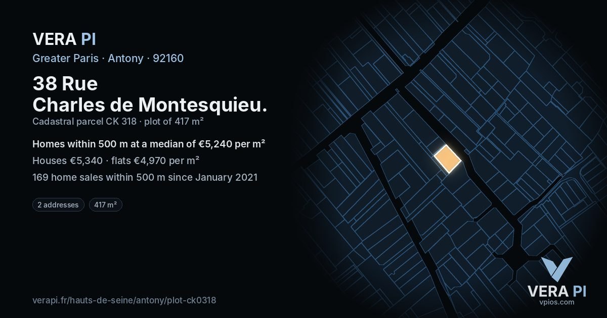 38 Rue Charles de Montesquieu, Antony at night – the plot lit, the parcels around coloured by the prices near them
