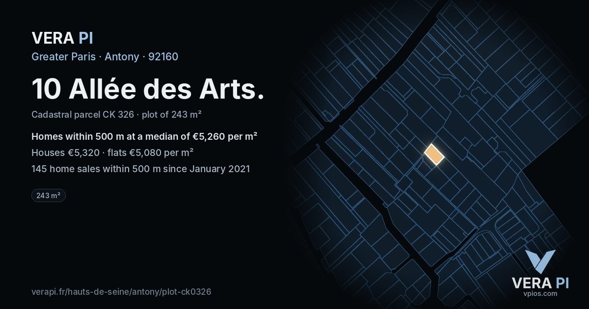 10 Allée des Arts, Antony at night – the plot lit, the parcels around coloured by the prices near them