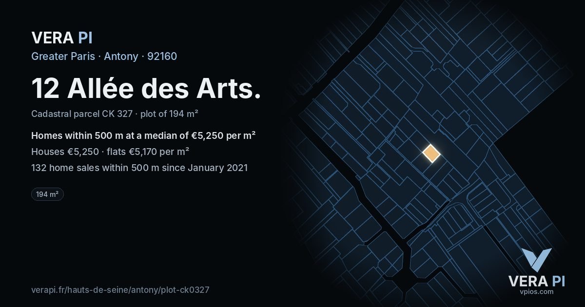 12 Allée des Arts, Antony at night – the plot lit, the parcels around coloured by the prices near them