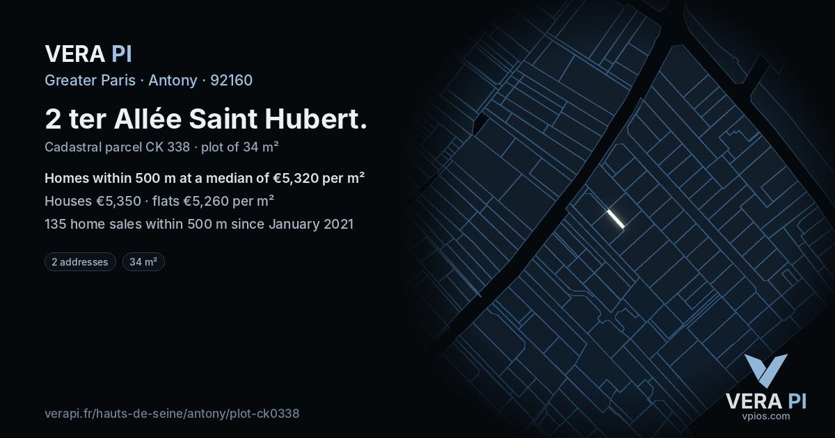 2 ter Allée Saint Hubert, Antony at night – the plot lit, the parcels around coloured by the prices near them