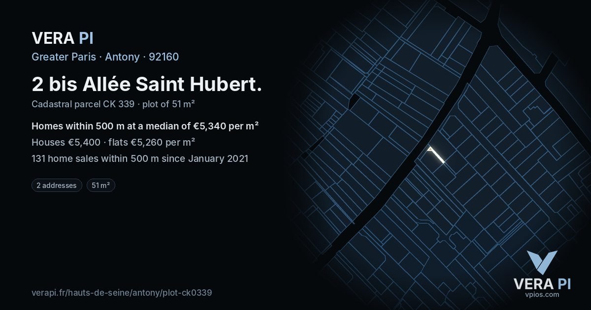 2 bis Allée Saint Hubert, Antony at night – the plot lit, the parcels around coloured by the prices near them