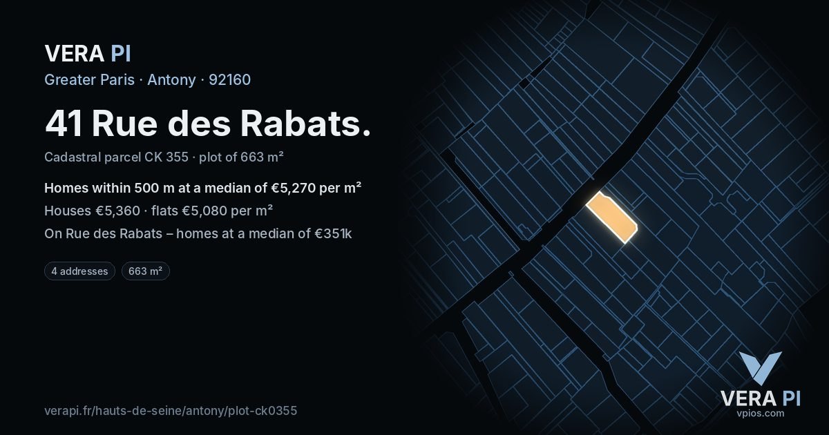 41 Rue des Rabats, Antony at night – the plot lit, the parcels around coloured by the prices near them