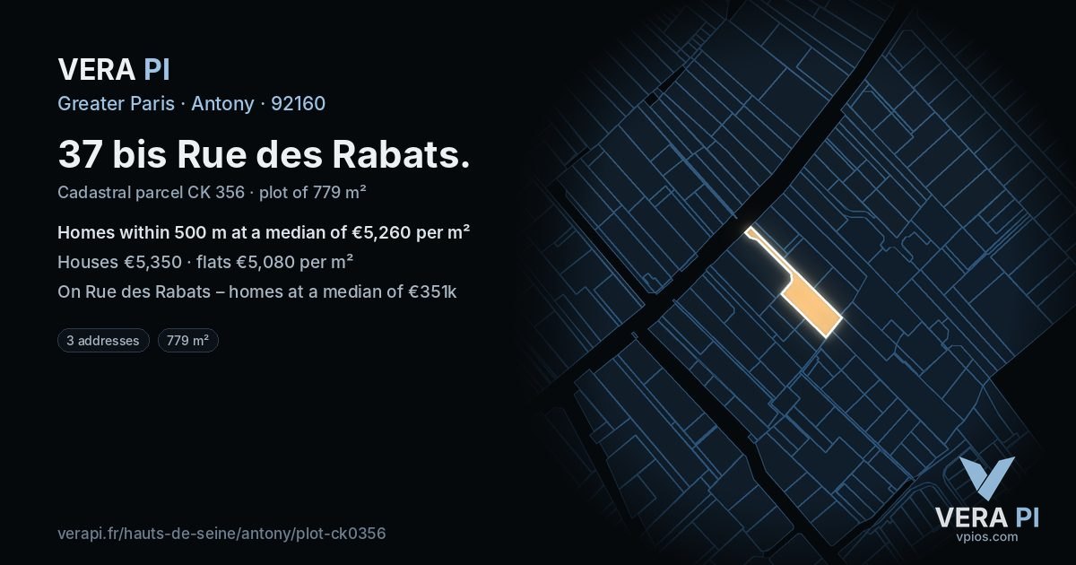 37 bis Rue des Rabats, Antony at night – the plot lit, the parcels around coloured by the prices near them