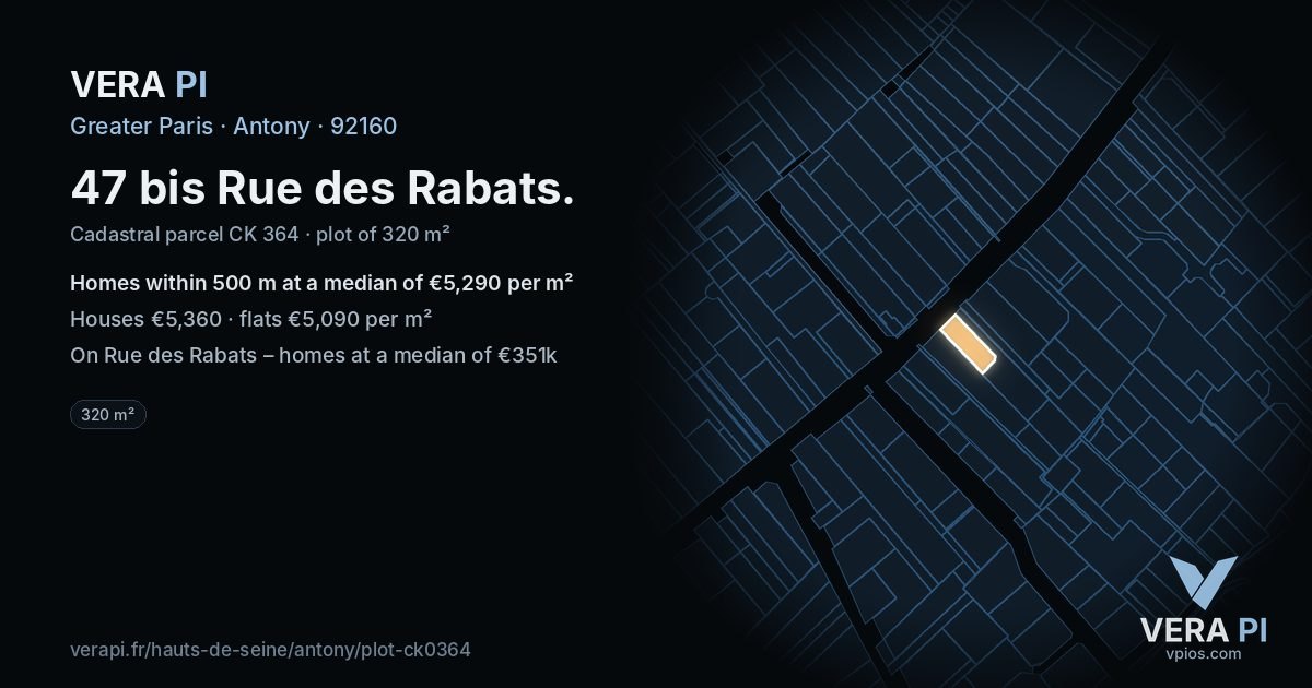 47 bis Rue des Rabats, Antony at night – the plot lit, the parcels around coloured by the prices near them