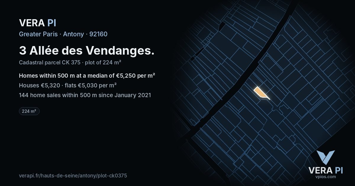 3 Allée des Vendanges, Antony at night – the plot lit, the parcels around coloured by the prices near them