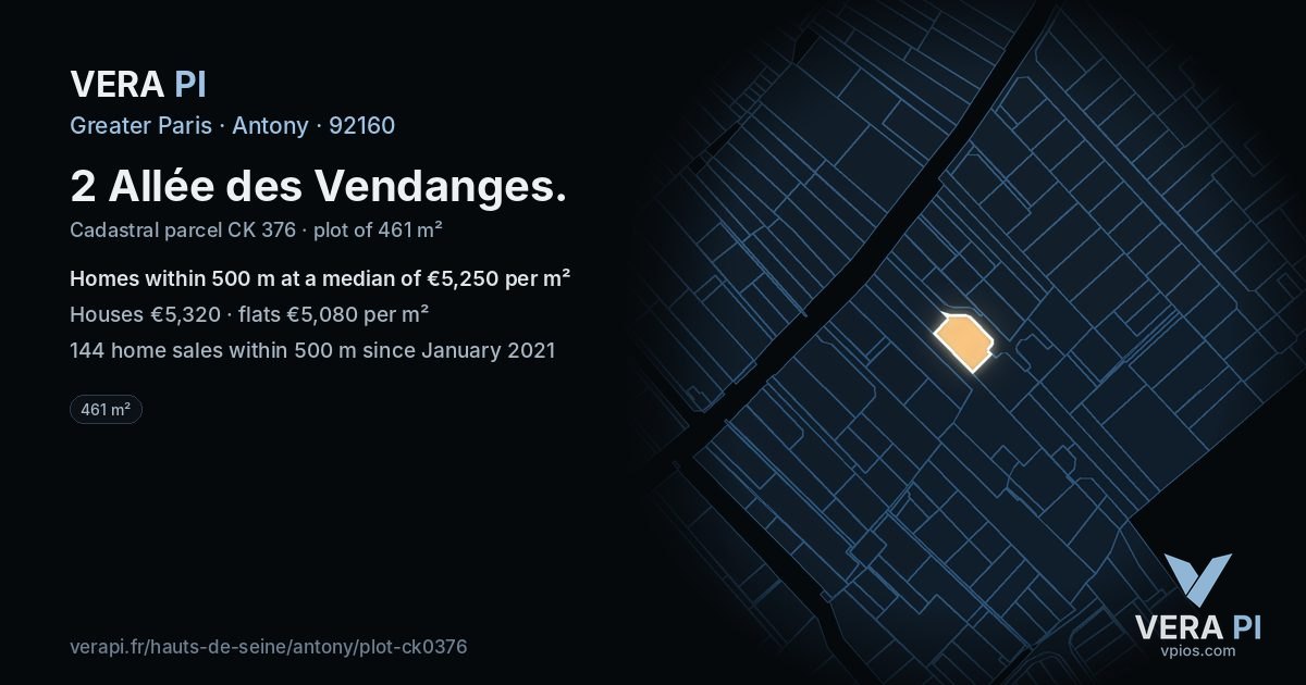 2 Allée des Vendanges, Antony at night – the plot lit, the parcels around coloured by the prices near them