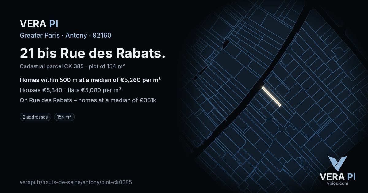 21 bis Rue des Rabats, Antony at night – the plot lit, the parcels around coloured by the prices near them