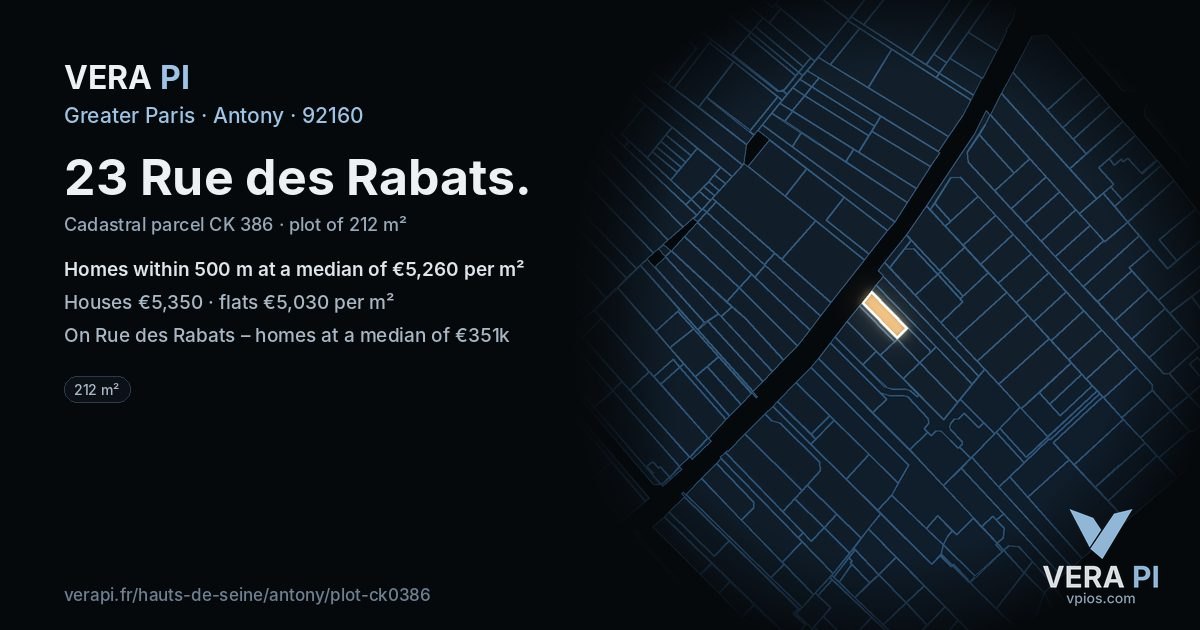 23 Rue des Rabats, Antony at night – the plot lit, the parcels around coloured by the prices near them