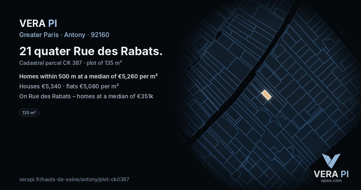 21 quater Rue des Rabats, Antony at night – the plot lit, the parcels around coloured by the prices near them