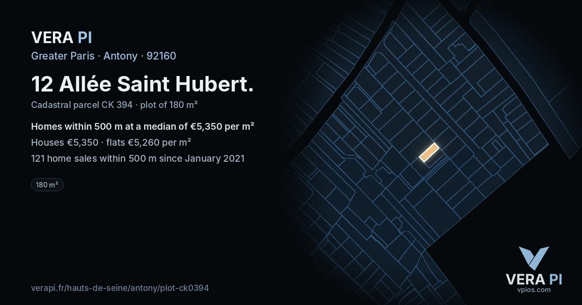 12 Allée Saint Hubert, Antony at night – the plot lit, the parcels around coloured by the prices near them