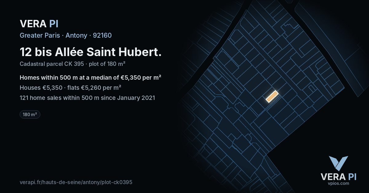 12 bis Allée Saint Hubert, Antony at night – the plot lit, the parcels around coloured by the prices near them