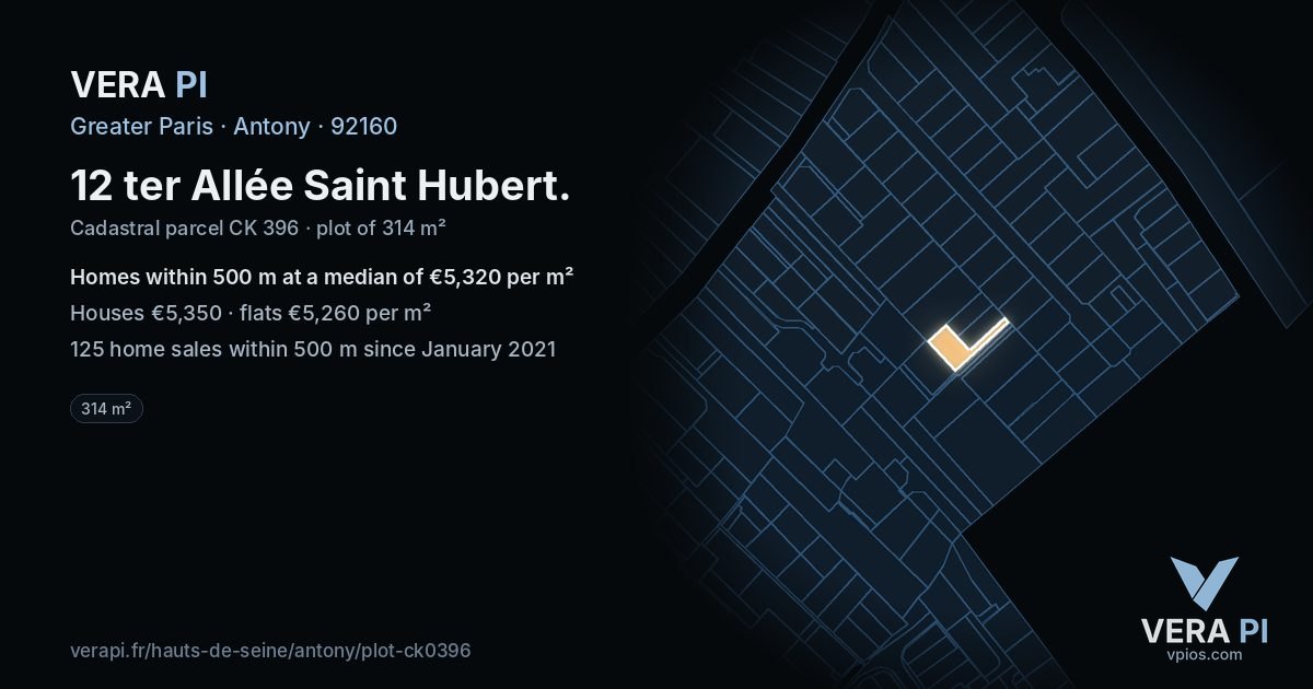 12 ter Allée Saint Hubert, Antony at night – the plot lit, the parcels around coloured by the prices near them