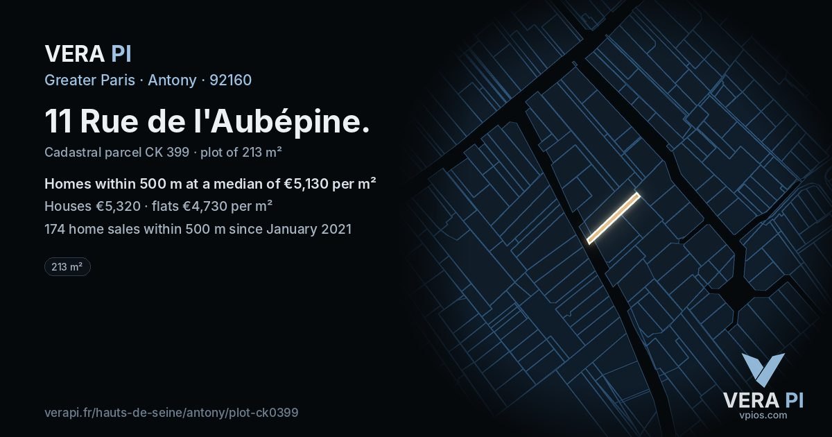 11 Rue de l'Aubépine, Antony at night – the plot lit, the parcels around coloured by the prices near them