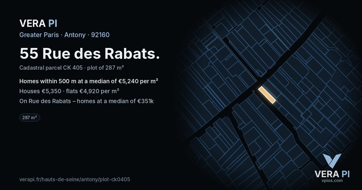 55 Rue des Rabats, Antony at night – the plot lit, the parcels around coloured by the prices near them
