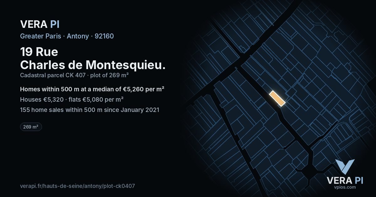 19 Rue Charles de Montesquieu, Antony at night – the plot lit, the parcels around coloured by the prices near them