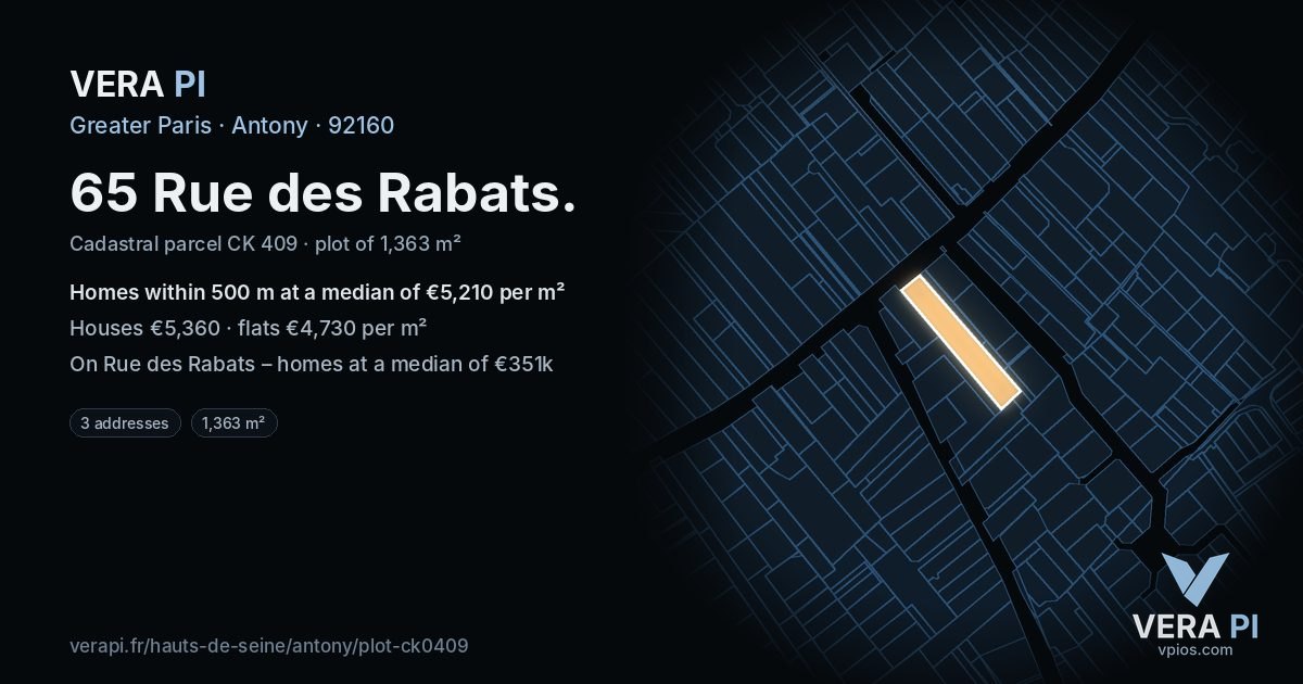 65 Rue des Rabats, Antony at night – the plot lit, the parcels around coloured by the prices near them