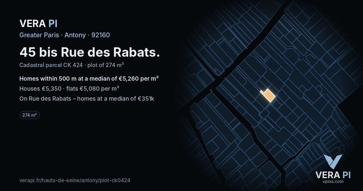45 bis Rue des Rabats, Antony at night – the plot lit, the parcels around coloured by the prices near them