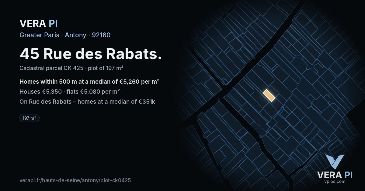 45 Rue des Rabats, Antony at night – the plot lit, the parcels around coloured by the prices near them