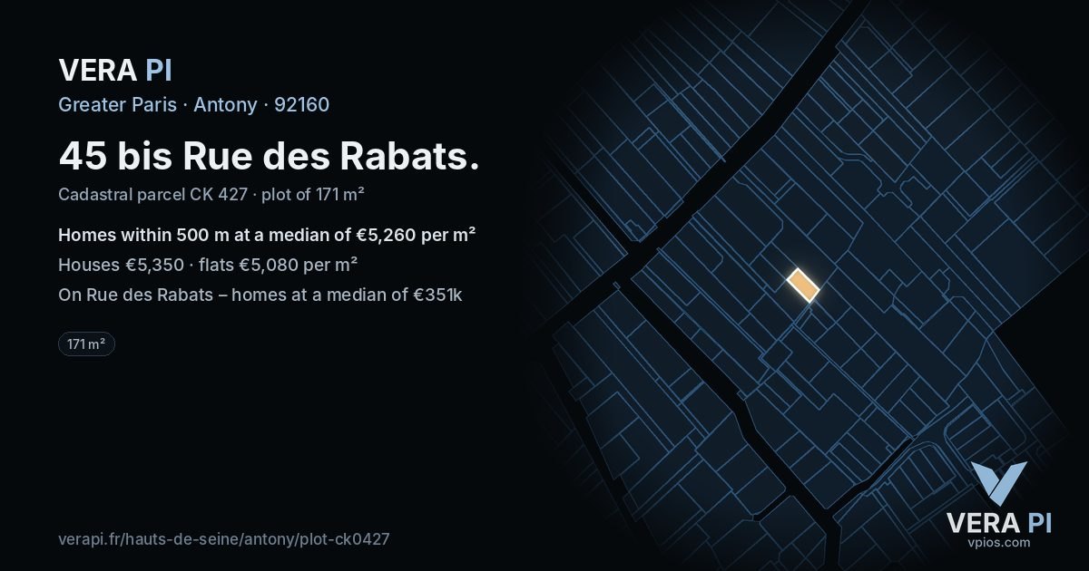 45 bis Rue des Rabats, Antony at night – the plot lit, the parcels around coloured by the prices near them