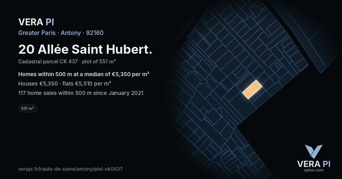 20 Allée Saint Hubert, Antony at night – the plot lit, the parcels around coloured by the prices near them