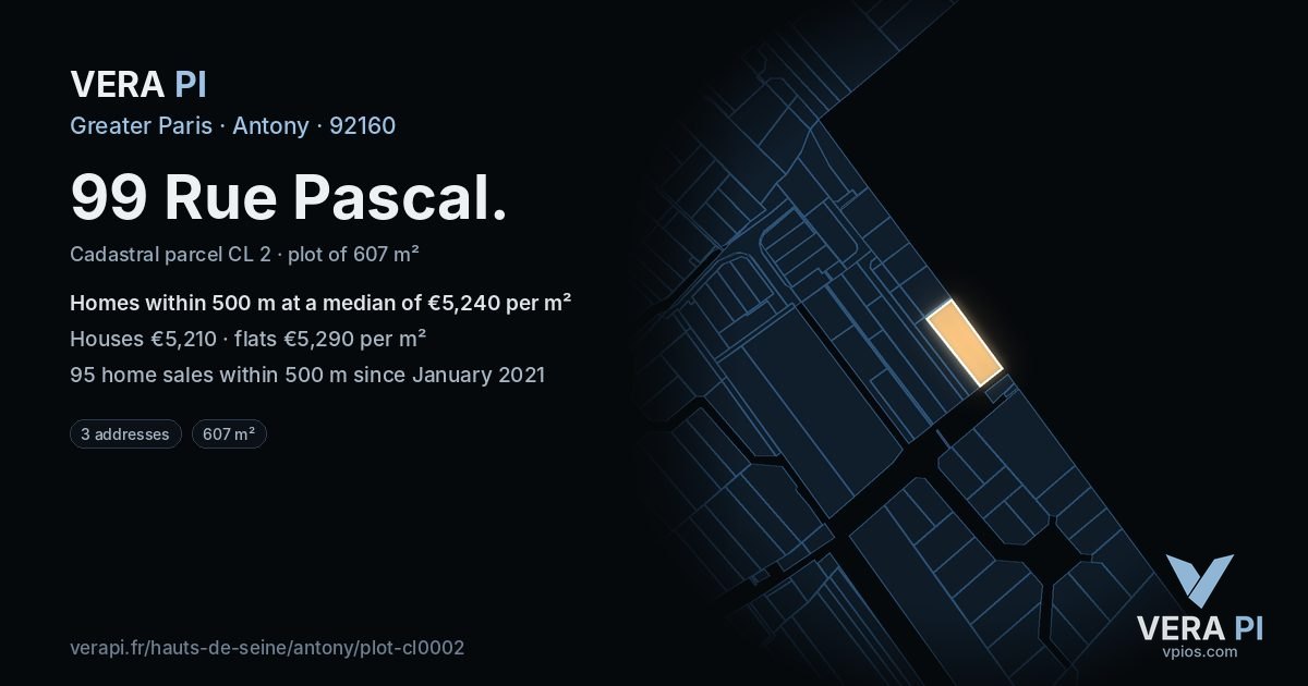 99 Rue Pascal, Antony at night – the plot lit, the parcels around coloured by the prices near them