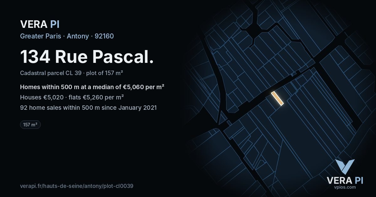 134 Rue Pascal, Antony at night – the plot lit, the parcels around coloured by the prices near them