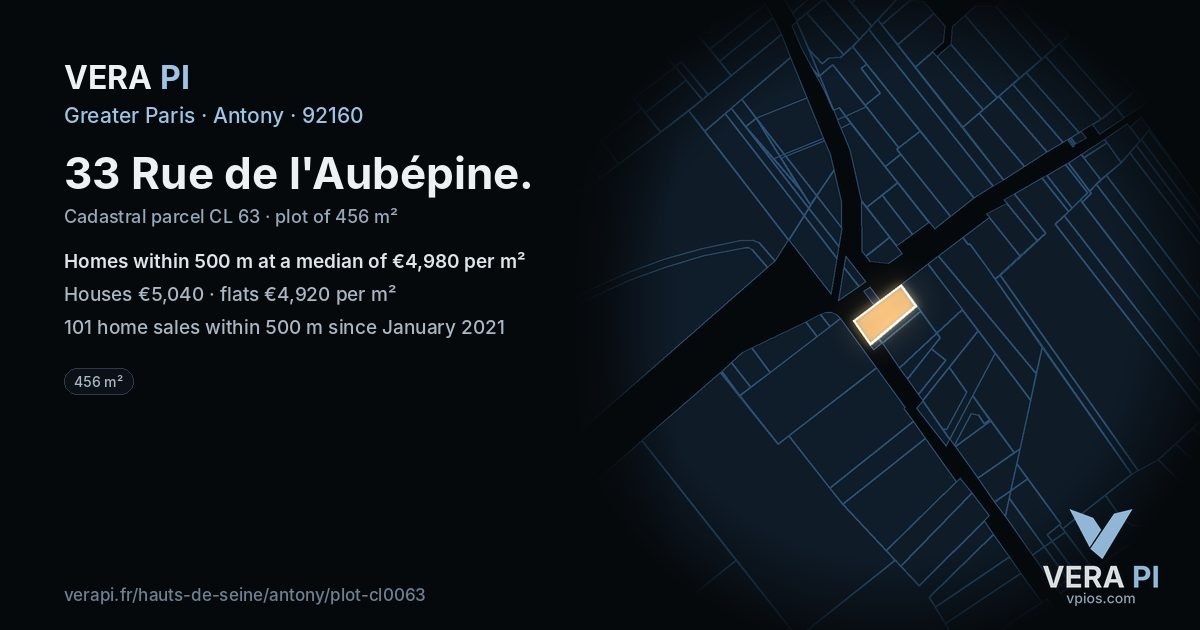33 Rue de l'Aubépine, Antony at night – the plot lit, the parcels around coloured by the prices near them