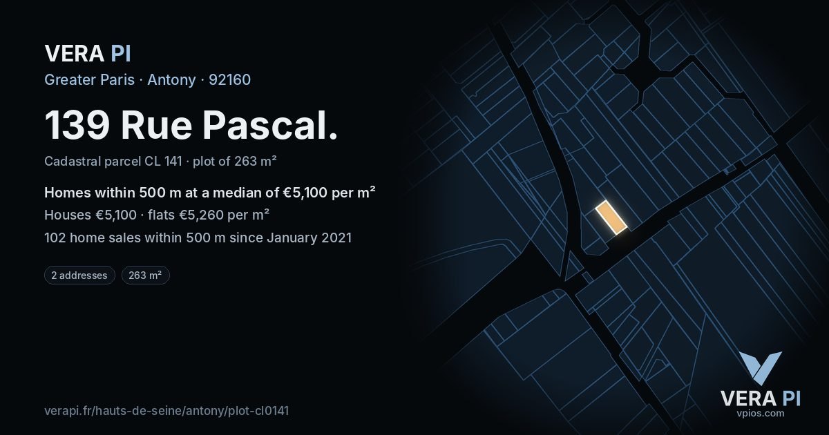 139 Rue Pascal, Antony at night – the plot lit, the parcels around coloured by the prices near them