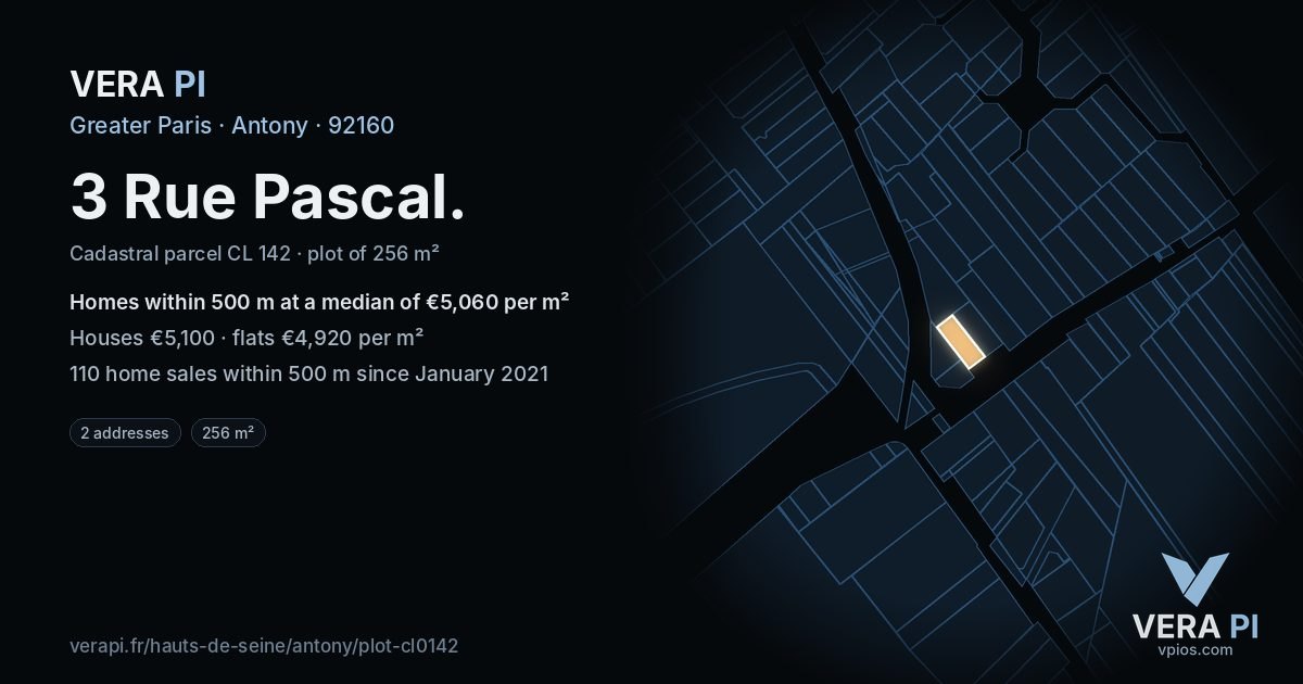 3 Rue Pascal, Antony at night – the plot lit, the parcels around coloured by the prices near them
