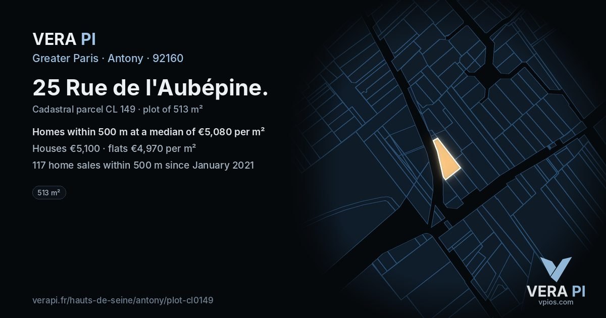 25 Rue de l'Aubépine, Antony at night – the plot lit, the parcels around coloured by the prices near them