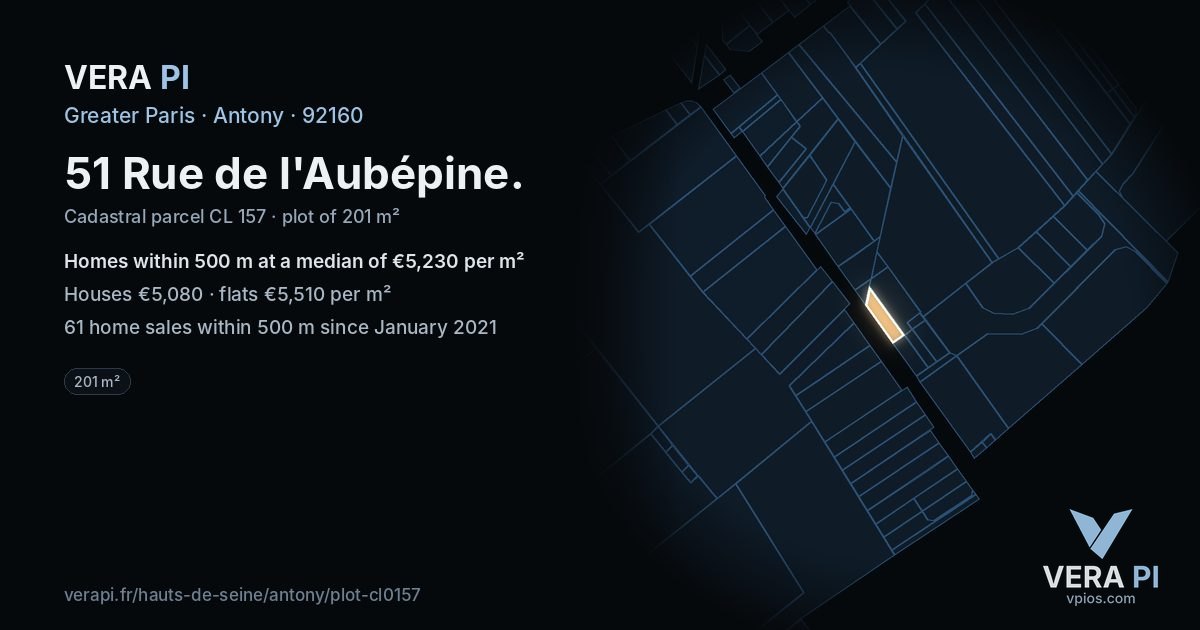 51 Rue de l'Aubépine, Antony at night – the plot lit, the parcels around coloured by the prices near them