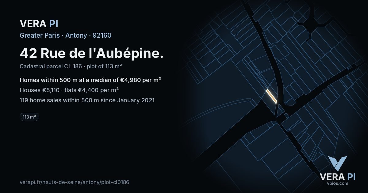 42 Rue de l'Aubépine, Antony at night – the plot lit, the parcels around coloured by the prices near them
