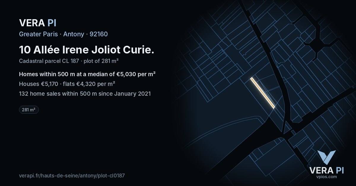 10 Allée Irene Joliot Curie, Antony at night – the plot lit, the parcels around coloured by the prices near them