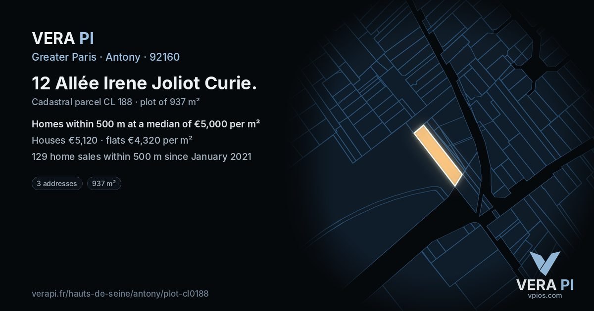 12 Allée Irene Joliot Curie, Antony at night – the plot lit, the parcels around coloured by the prices near them