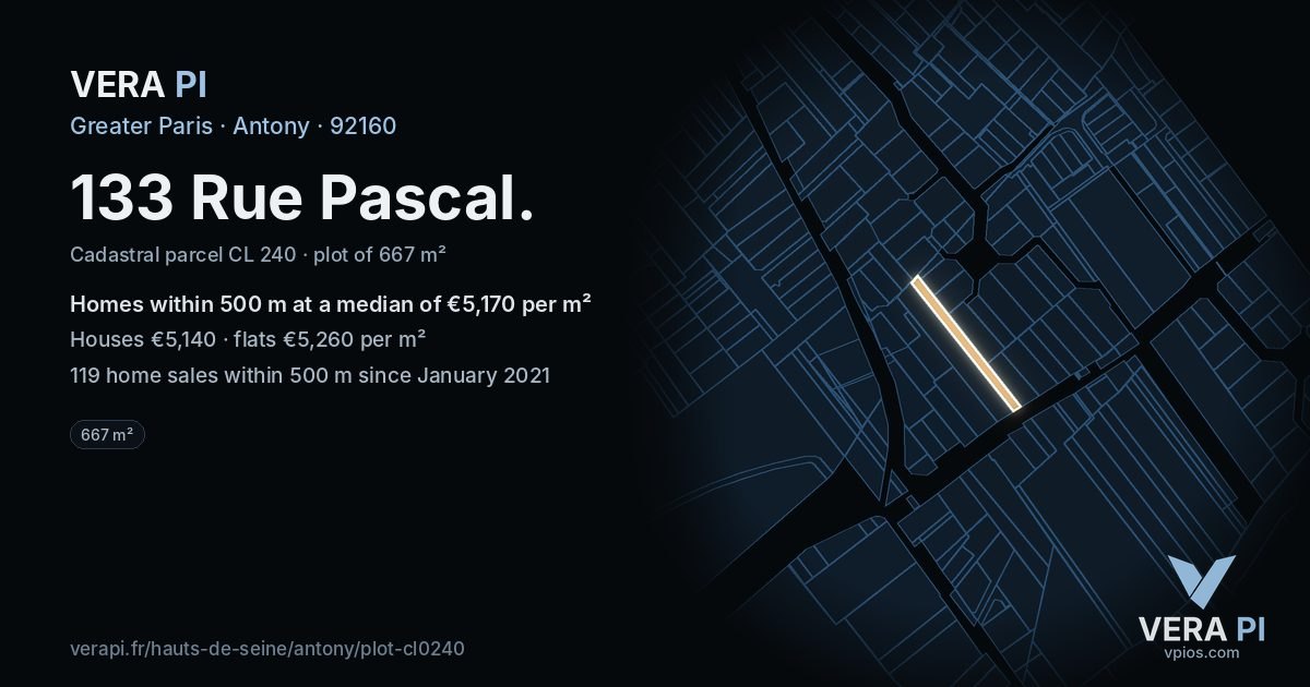 133 Rue Pascal, Antony at night – the plot lit, the parcels around coloured by the prices near them