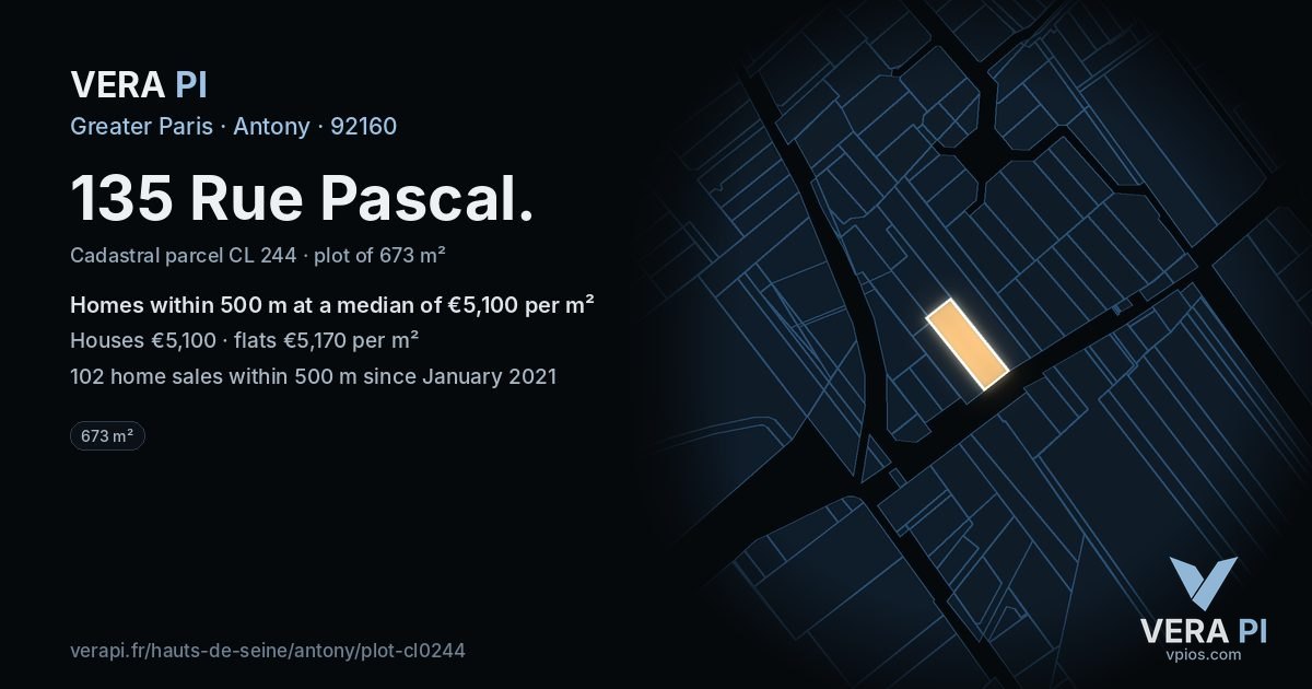 135 Rue Pascal, Antony at night – the plot lit, the parcels around coloured by the prices near them