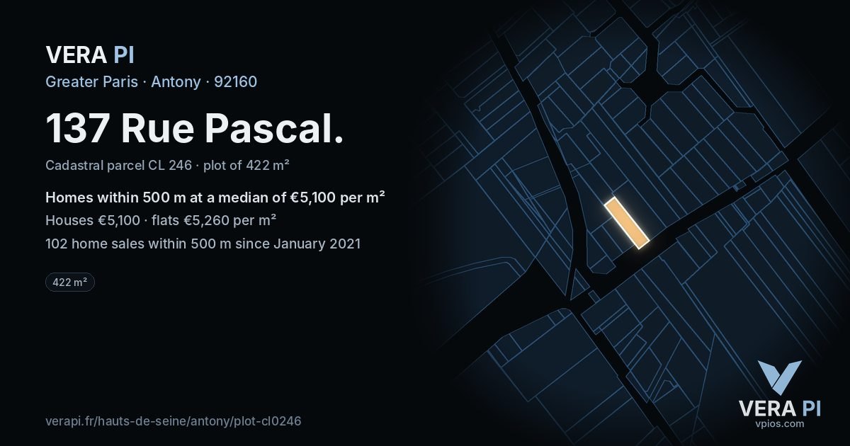 137 Rue Pascal, Antony at night – the plot lit, the parcels around coloured by the prices near them