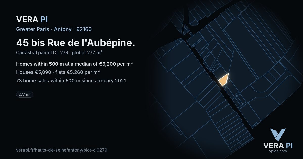 45 bis Rue de l'Aubépine, Antony at night – the plot lit, the parcels around coloured by the prices near them