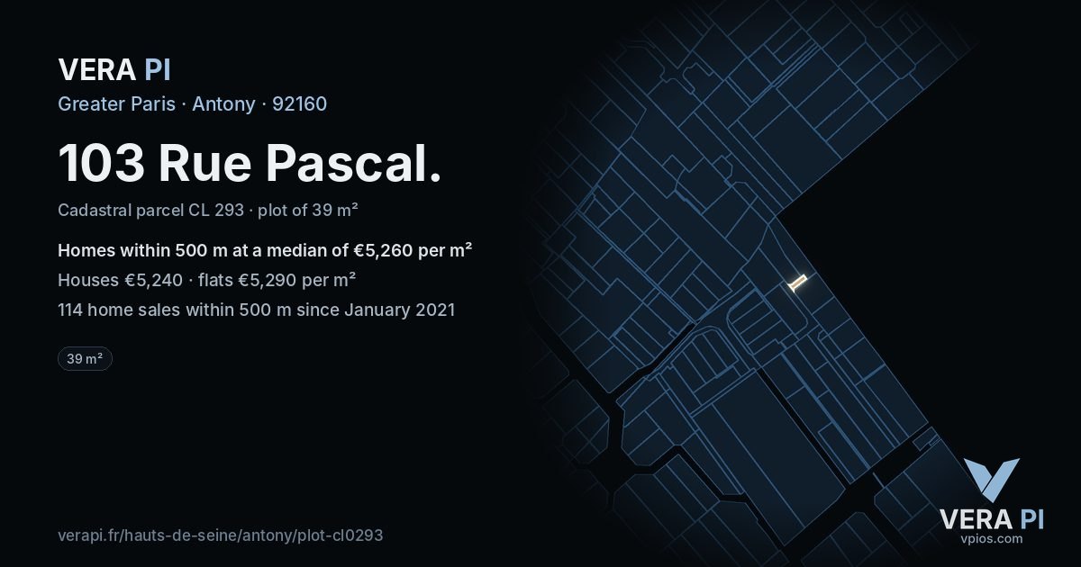 103 Rue Pascal, Antony at night – the plot lit, the parcels around coloured by the prices near them