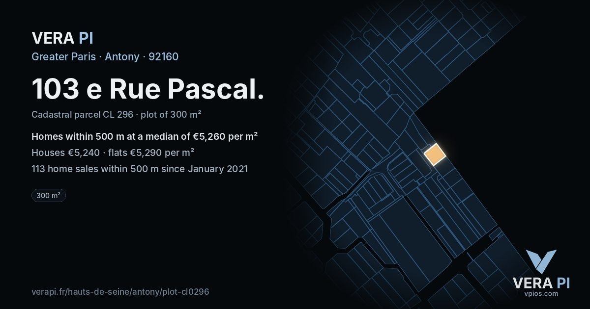 103 e Rue Pascal, Antony at night – the plot lit, the parcels around coloured by the prices near them