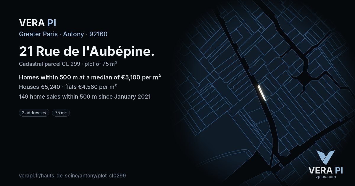 21 Rue de l'Aubépine, Antony at night – the plot lit, the parcels around coloured by the prices near them