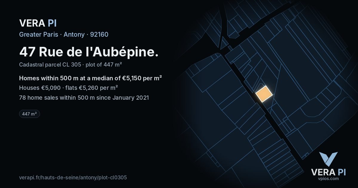 47 Rue de l'Aubépine, Antony at night – the plot lit, the parcels around coloured by the prices near them
