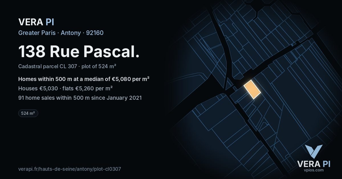 138 Rue Pascal, Antony at night – the plot lit, the parcels around coloured by the prices near them