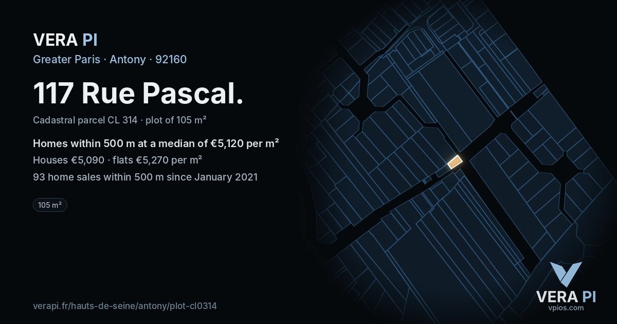 117 Rue Pascal, Antony at night – the plot lit, the parcels around coloured by the prices near them